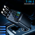 7-in-1 Fast Car Charger with 3 Retractable Cables, LED Digital Display, and 180° Adjustable Universal Plug - Multi-Port Car Phone Charger for iPhone, Android, and USB-C