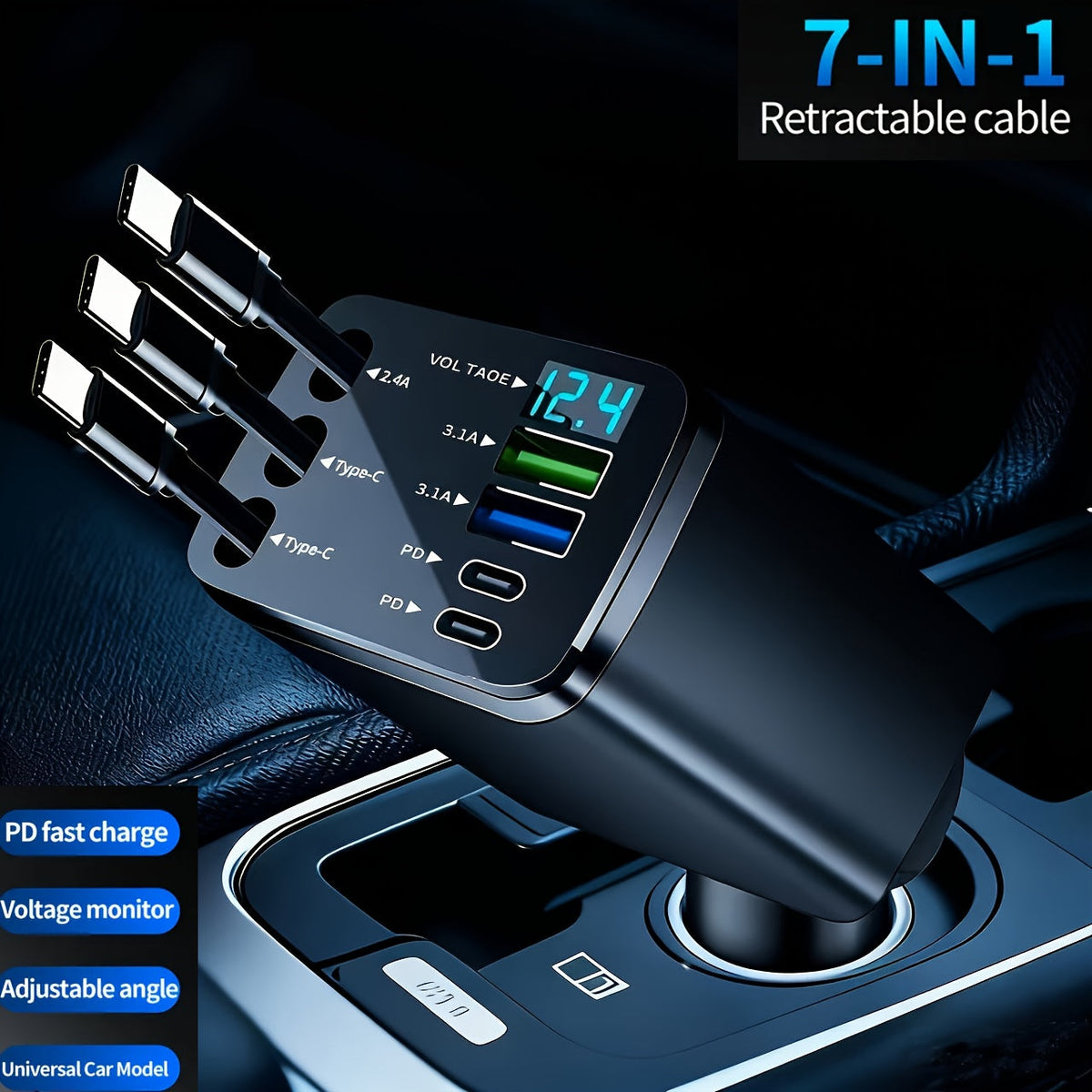 7-in-1 Fast Car Charger with 3 Retractable Cables, LED Digital Display, and 180° Adjustable Universal Plug - Multi-Port Car Phone Charger for iPhone, Android, and USB-C
