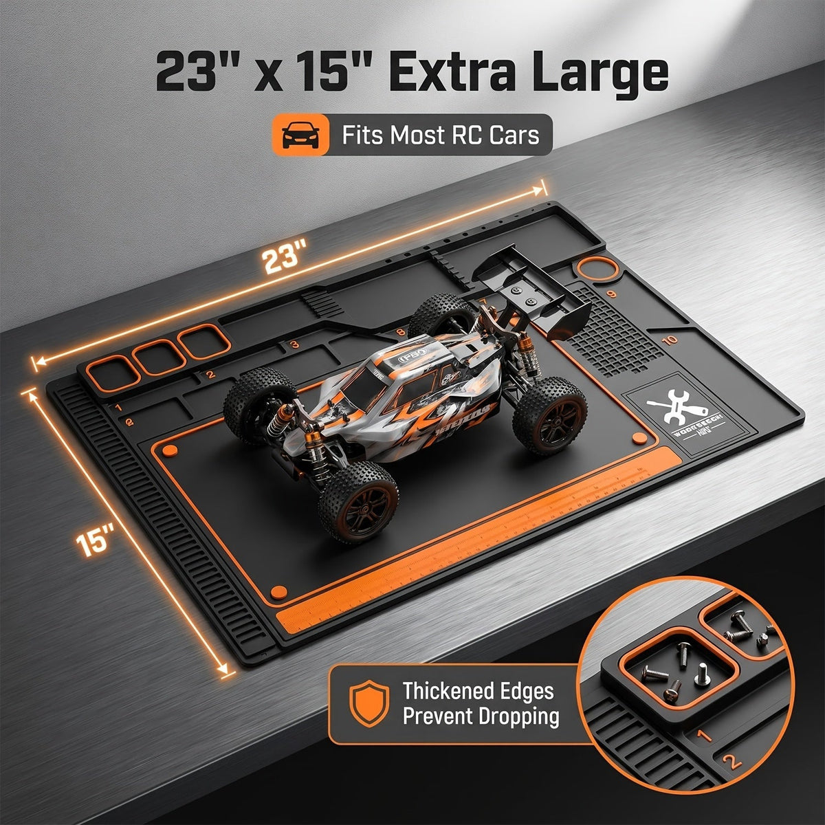 Modular Hobby Workbench Mat with Parts Sorting Trays - Non-Slip Desk Pad for RC Cars, FPV Drones & Electronics - Large, Grey-Orange, Black-Orange, Grey-Grey & Black-Blue