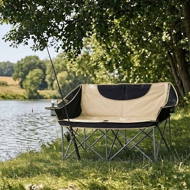 2-Person Oversized Camping Chair – Heavy-Duty Padded Outdoor Loveseat with Cup Holders Armrests & Carry Bag Portable Collapsible for Beach Picnic Backyard BBQ & Camping in Blue Beige Orange & Grey