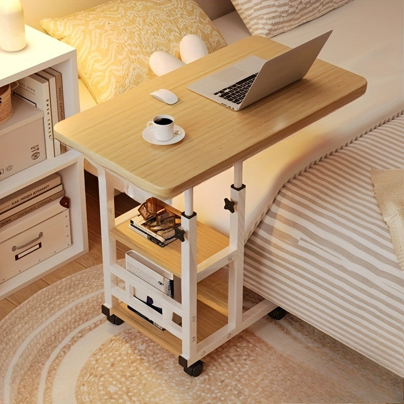 Height Adjustable Rolling Laptop Table with 4 Wheels & Dual Shelves – Mobile Workstation Desk for Bedside, Dorm, Office, and Living Room, Sturdy Steel Frame, Space-Saving Design