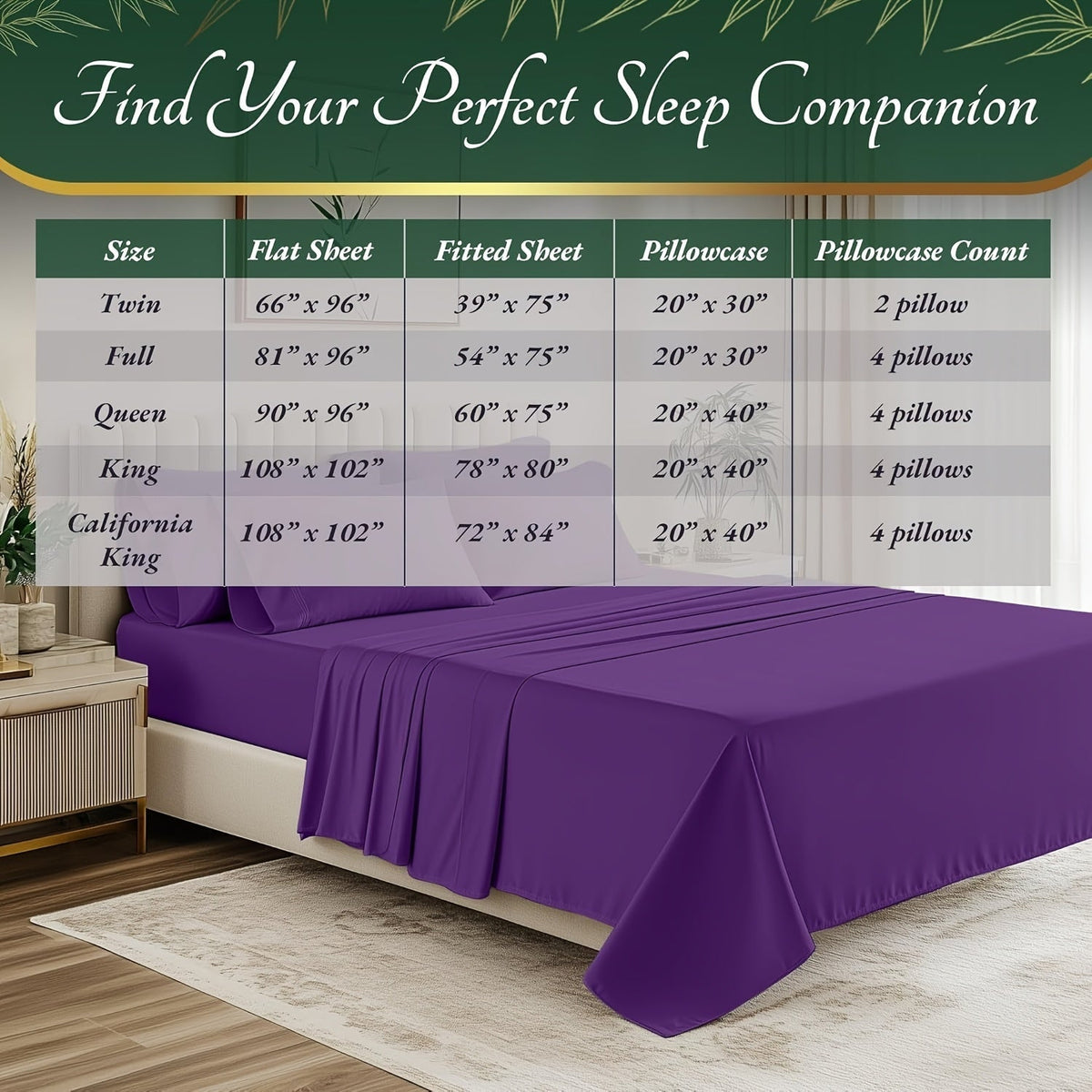 6-Piece Cooling Bamboo Bed Sheet Set, Ultra-Soft, 17-Inch Deep Pocket, Double-Stitched, Cooling Fiber for Hot Sleepers – Twin, Full, Queen, King in 16 Colors