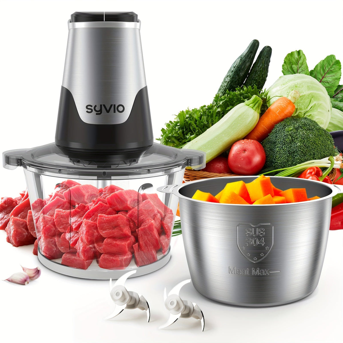 Syvio Food Processor 450W with 2 Bowls & 4 Bi-Level Blades - Mini Electric Meat Grinder & Vegetable Chopper, 2 Speeds, 8-Cup Capacity, for Baby Food Onion Garlic - Black