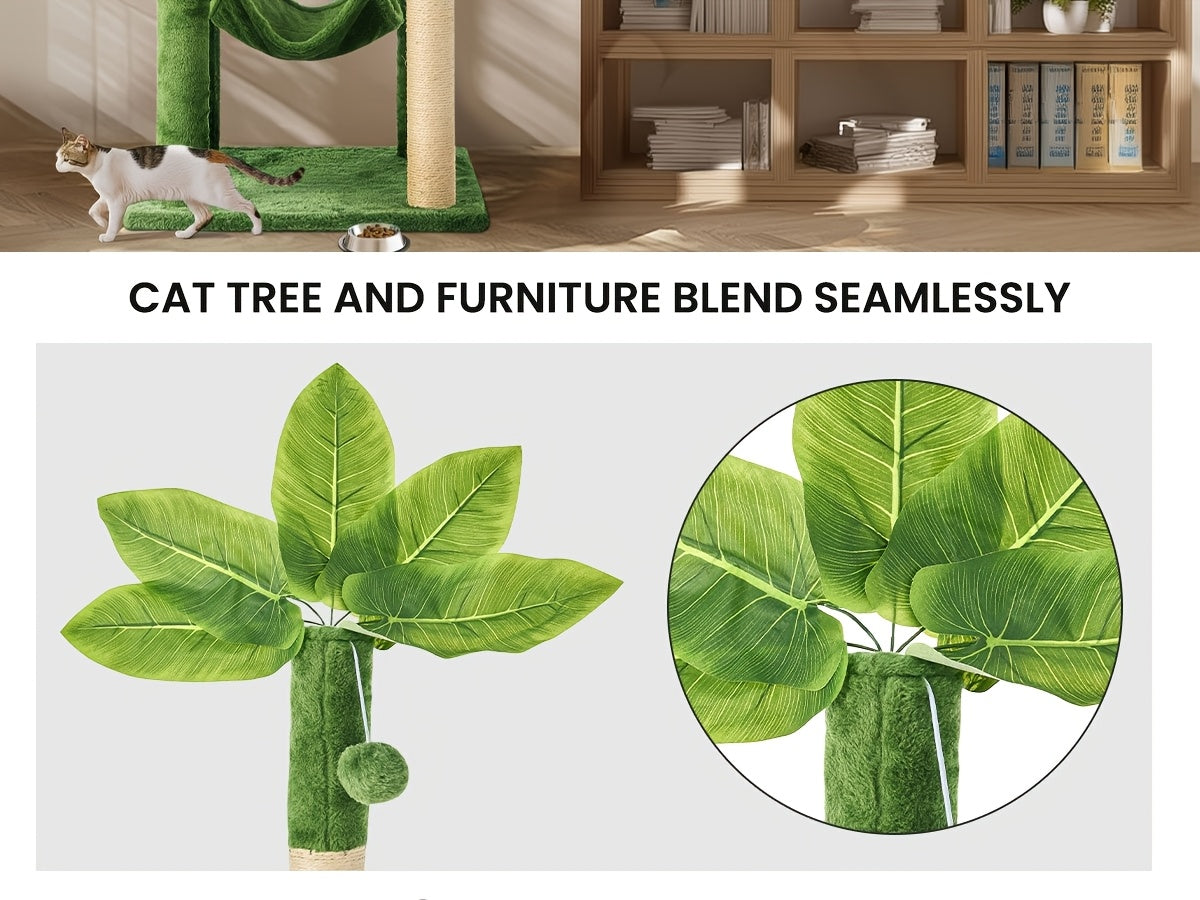 55-Inch Cat Tree for Indoor Cats with Green Leaves – Multi-Level Large Cat Tower with Hammock, Sisal Scratching Posts, Hanging Ball Toy, and Cat Furniture for Living Room or Bedroom