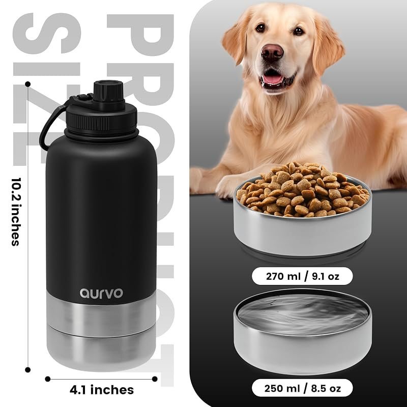 32oz Dog Water Bottle with Bowl - Leakproof Insulated Stainless Steel Portable Travel Pet Water Bottle for Hiking, Camping, Outdoor Walking - Dog Travel Water Dispenser