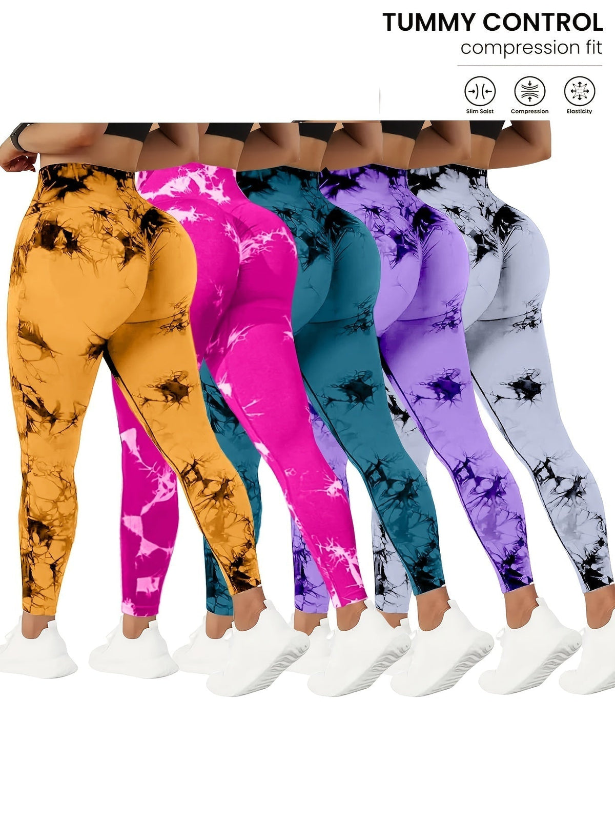5-Pack Women's High-Waisted Yoga Pants with Tummy Control, Tie-Dye Stretchy Fitness Leggings, Peach Lift Running Tights, All-Season Activewear in Various Colors