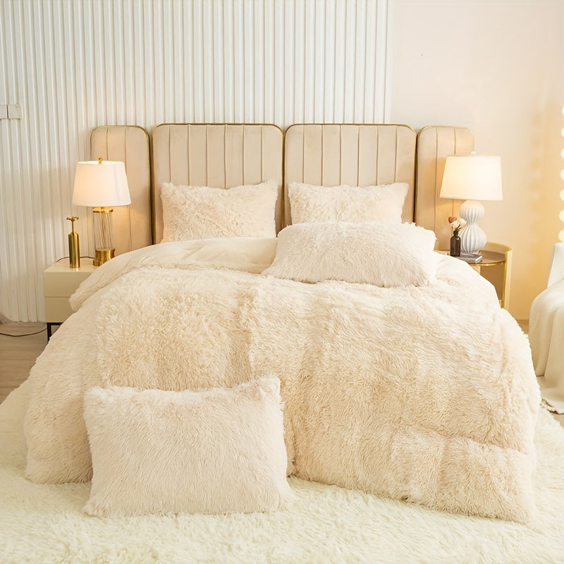 Plush Duvet Cover Set 3 Piece, Long Hair Knitted Polyester, Solid Color Fuzzy Comforter Cover with Zipper Closure, All-Season Soft Cozy Bedding Set for Bedroom, Multiple Colors Available