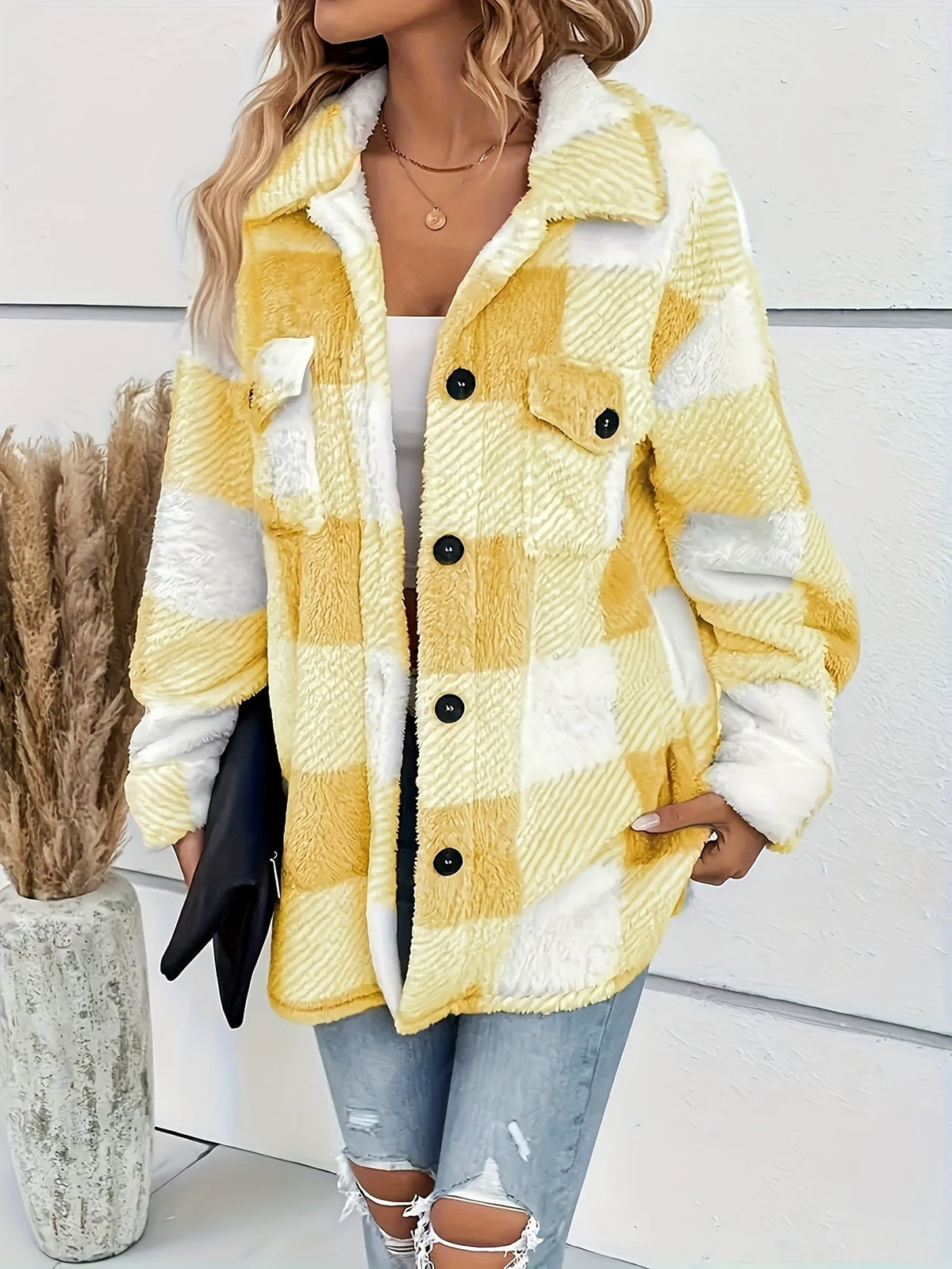 Women's Plush Winter Jacket, Soft Suede PU Fabric Plaid Pattern Coat, Fall Winter Warm Outerwear, Khaki, Black, Green, Pink, Yellow, Gray, S, M, L, XL, XXL