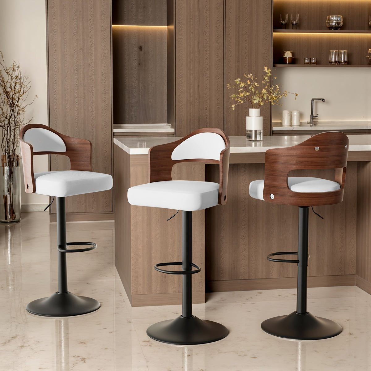 Swivel Bar Stools Set of 4 with PU Leather Upholstered Seat, Wooden Back & Footrest, Counter Height Bar Chairs for Kitchen Island and Dining Room, Black Brown Green White
