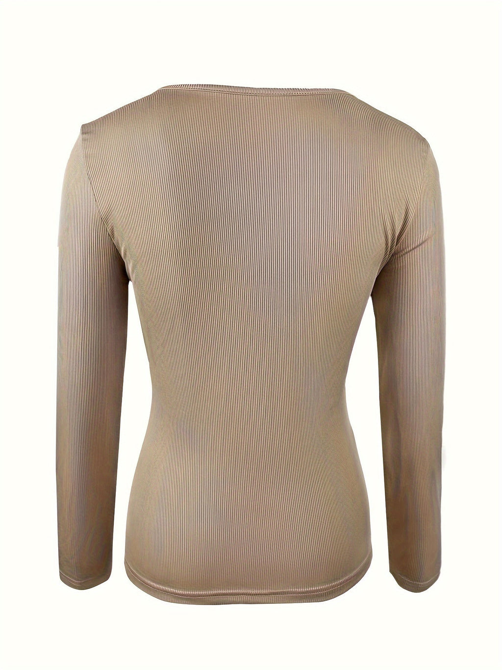 Women's Ribbed Knit Long Sleeve Crew Neck Button Detail Slim Fit Stretchy T-Shirt Casual Chic Fall Winter Basic Tee Apricot S-XL