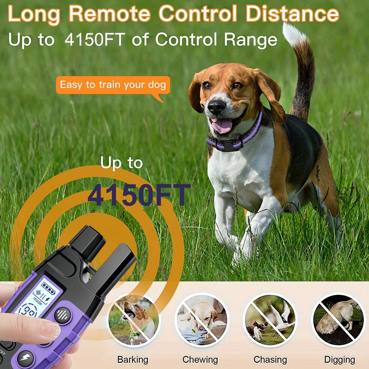 Dog Training Collar with Remote – 4150ft Range, Shock, Vibration & Beep Modes, Rechargeable E-Collar for Small to Large Dogs 5-150lbs, 1-Dog & 2-Dog Options, Purple