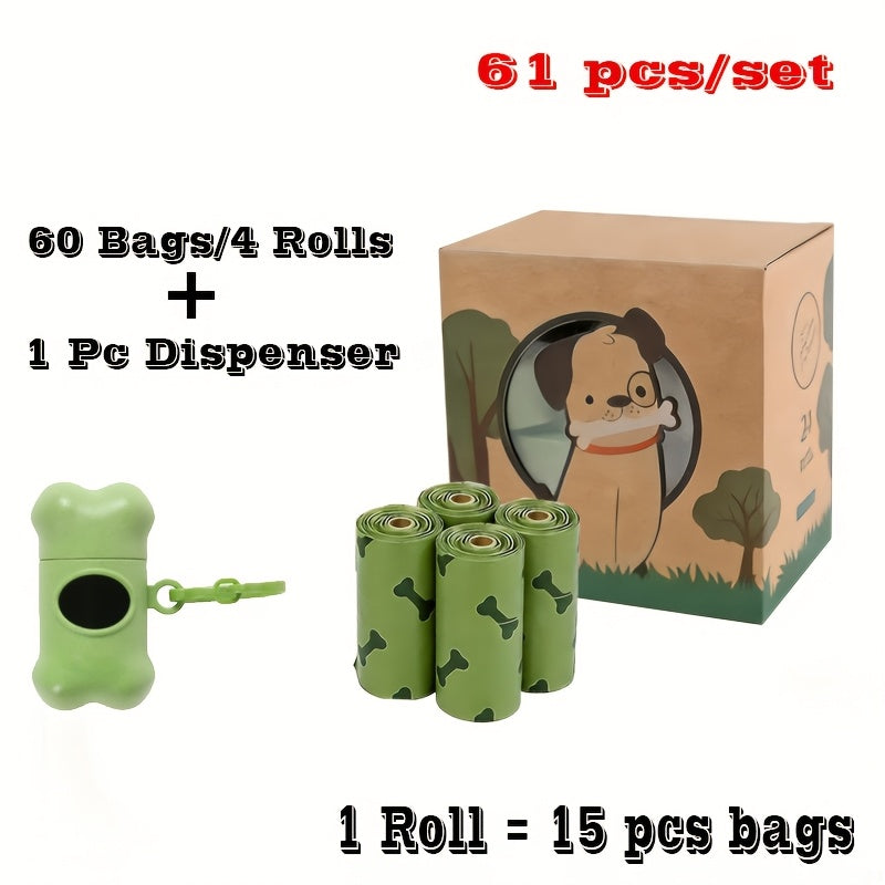 Dog Poop Bags with Dispenser 61-Piece Set - 60 Leak-Proof Unscented Waste Bags on 4 Rolls with Bone-Shaped Dispenser, Biodegradable-Friendly Dog Waste Bags for Outdoor Walks, Parks & Travel Pet Cleanup