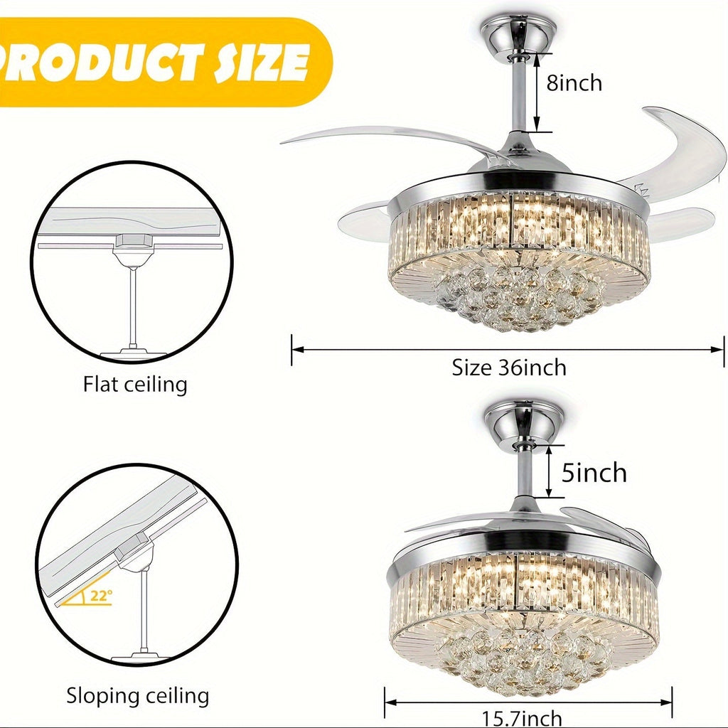 Modern Invisible Ceiling Fan with LED Light, Crystal Design, 3-Color Lighting (Warm/Neutral/White), 6-Speed Remote Control, Reversible Motor, for Bedroom Living Room Dining Room
