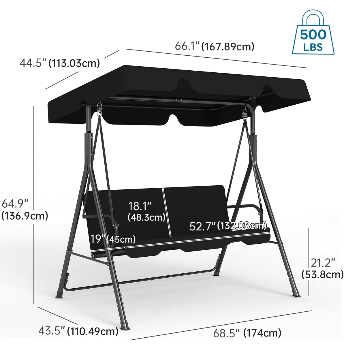 Outdoor Porch Swing Glider with Canopy & Adjustable Bracket, Heavy Duty Frame Patio Swing for Adults, Backyard Lawn Garden Furniture, Black Beige Coffee Brown Red Green Blue