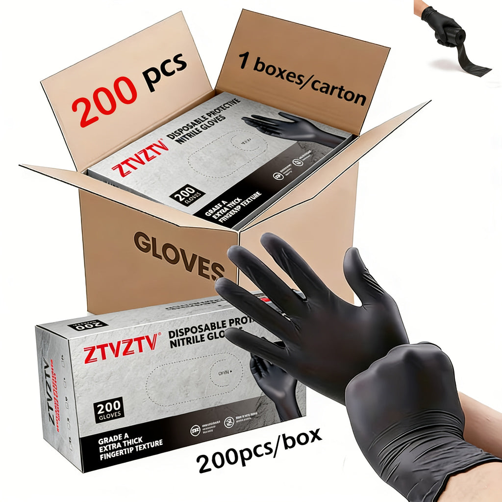 Black Nitrile Disposable Gloves 200 Pack Latex-Free Chemical Resistant High-Density Flexible Fit Industrial Grade for Cleaning, Tattooing, Painting, Car Washing – S M L XL