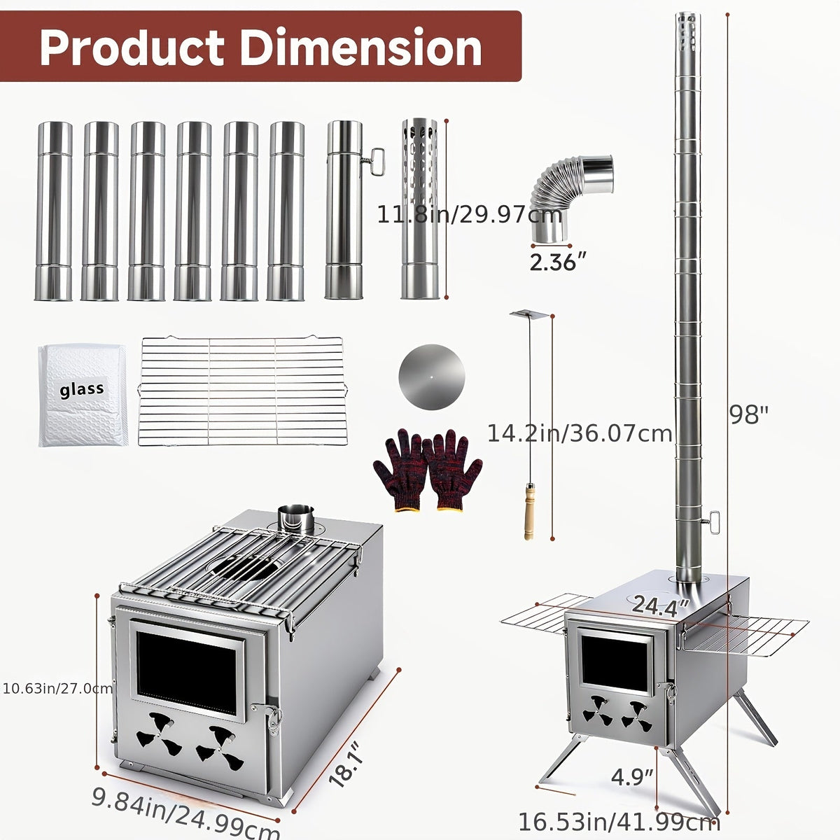 MOPHOTO Hot Tent Stove Portable Stainless Steel Wood Burning Camp Stove with 7 Chimney Pipes for Wall Tent Camping Cooking Ice Fishing & Hunting – Large