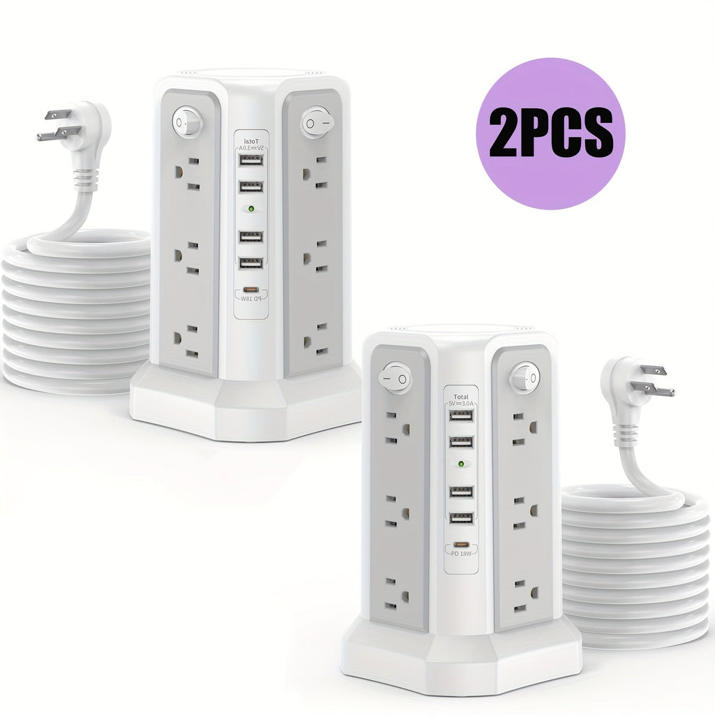 Power Strip Tower, 16 AC Outlets, 5 USB Ports, USB-C PD 20W, 1500J Surge Protector, Flat Plug Desktop Extension Cord