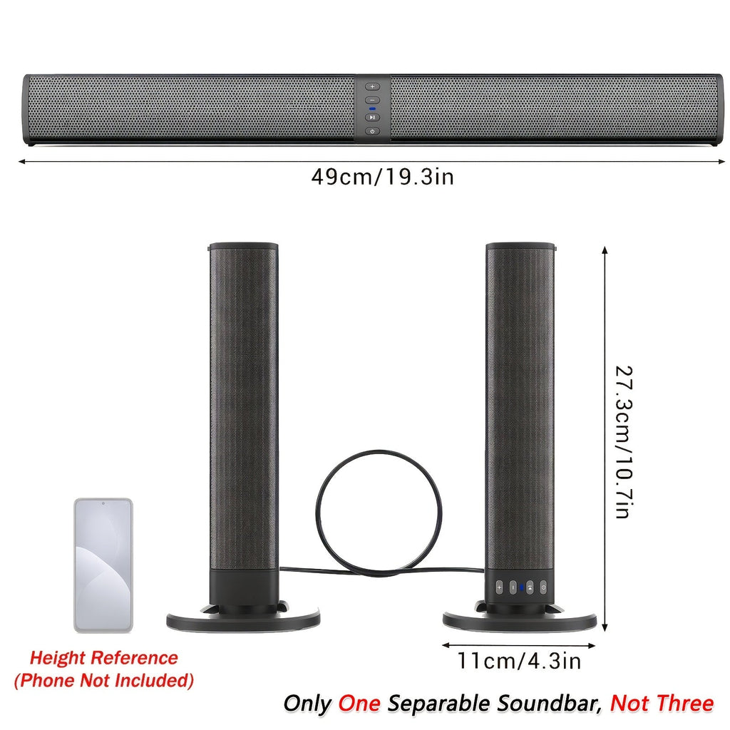 2-in-1 Detachable Soundbar - 20W, Bluetooth/TF/AUX/FM/RCA/TWS, Wireless Flat & Wired Tower Modes, Volume Control - TV, PC, Gaming & Projectors - Black