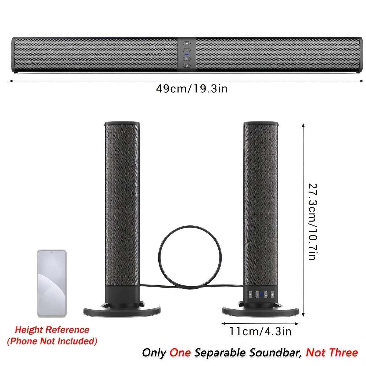 2-in-1 Detachable Soundbar - 20W, Bluetooth/TF/AUX/FM/RCA/TWS, Wireless Flat & Wired Tower Modes, Volume Control - TV, PC, Gaming & Projectors - Black
