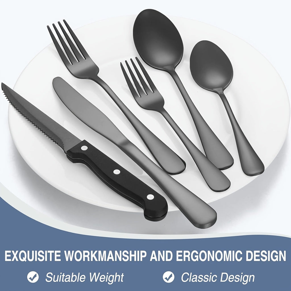 48-Piece Silverware Set with Steak Knives, Service for 8 – 304 Stainless Steel Flatware Cutlery Set, Mirror Finish, Dishwasher Safe Spoons, Forks, and Knives, Silver/Black