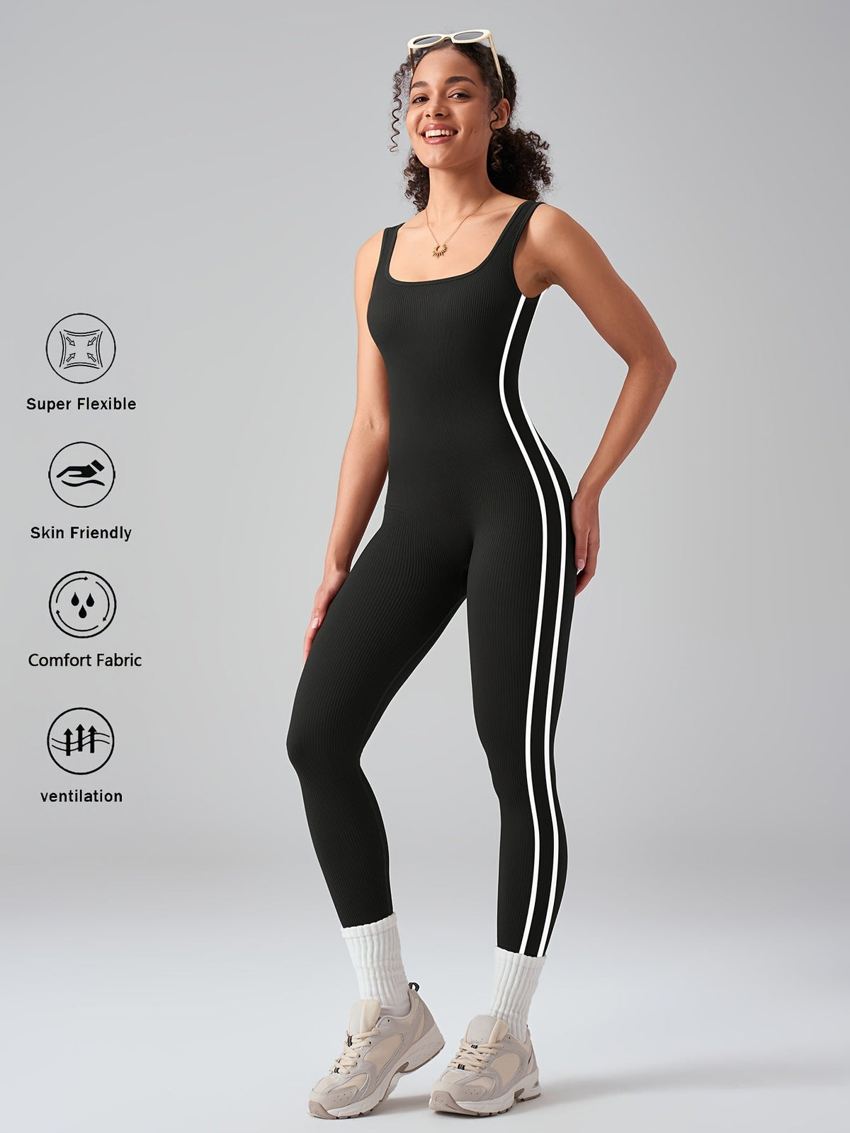 Women's Sleeveless Square Neck Jumpsuit – 90% Nylon Stretch Fabric, Thick & Opaque Activewear for Yoga, Pilates, Running, Fitness & Everyday Wear, Sizes S-XL, Multiple Colors