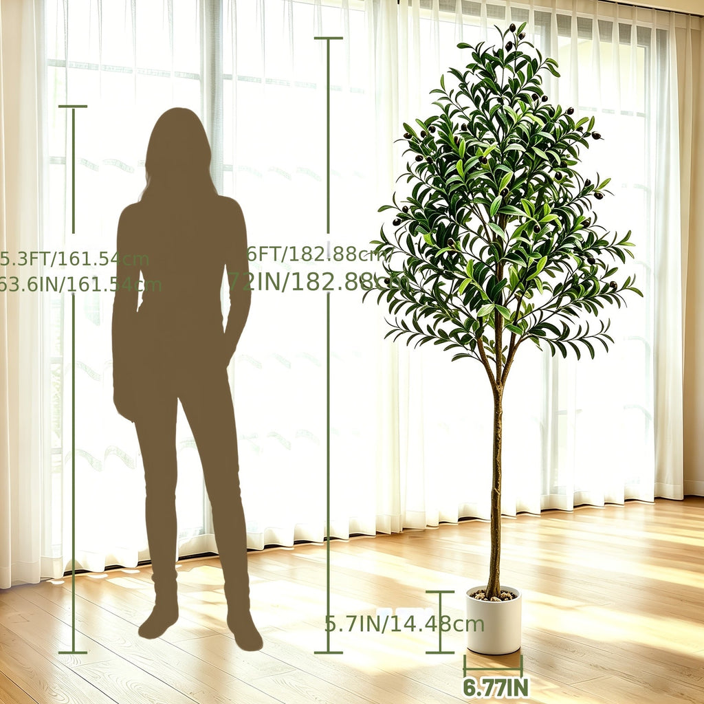 6FT Artificial Olive Tree Indoor – Faux Olive Tree with Natural Wood Trunk Realistic Leaves Lifelike Fruits & Cobblestone Base for Home Living Room & Office Decor