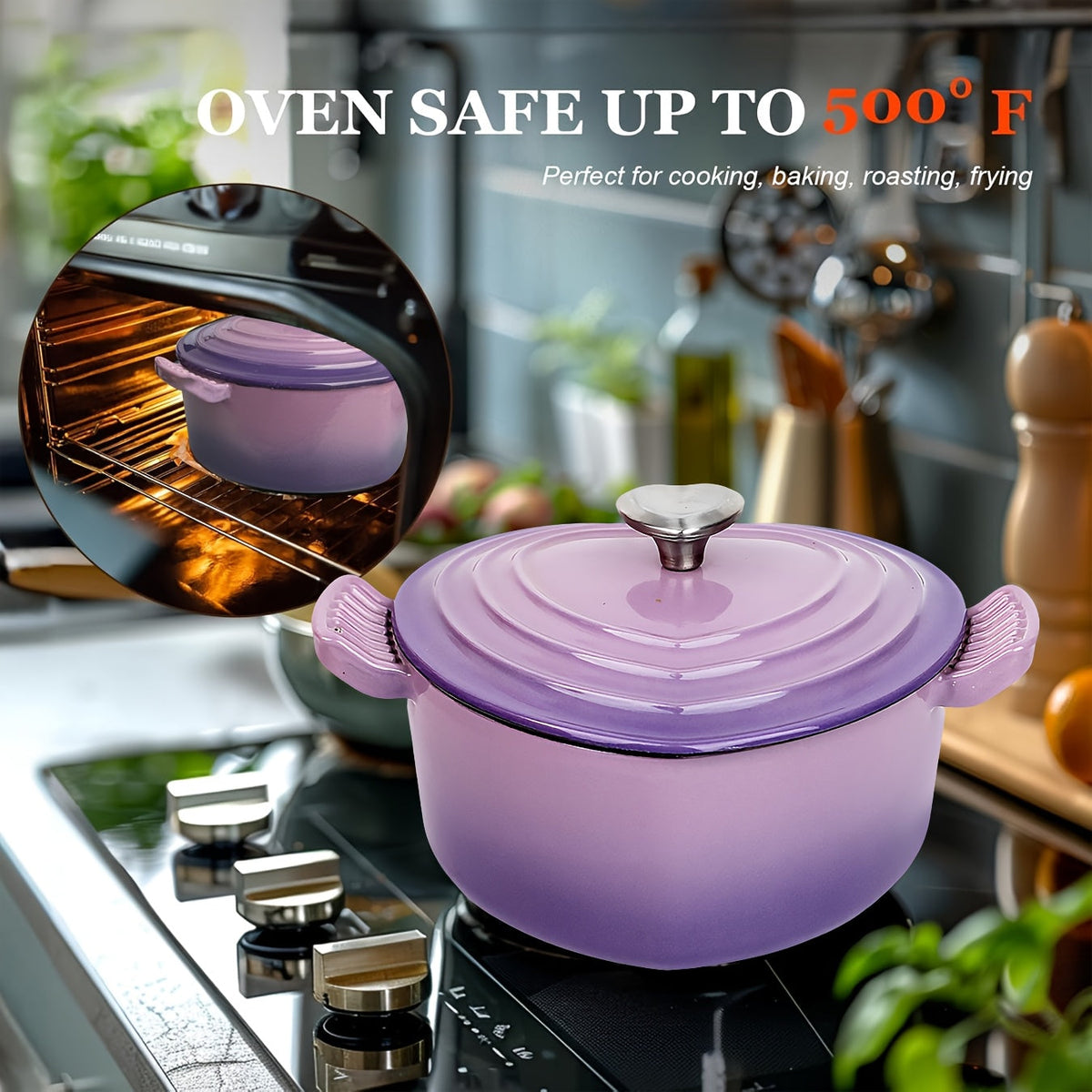 3 Qt Heart-Shaped Enameled Cast Iron Dutch Oven – Casserole with Dual Handles & Lid Compatible with All Stove Tops Oven & Induction in Purple