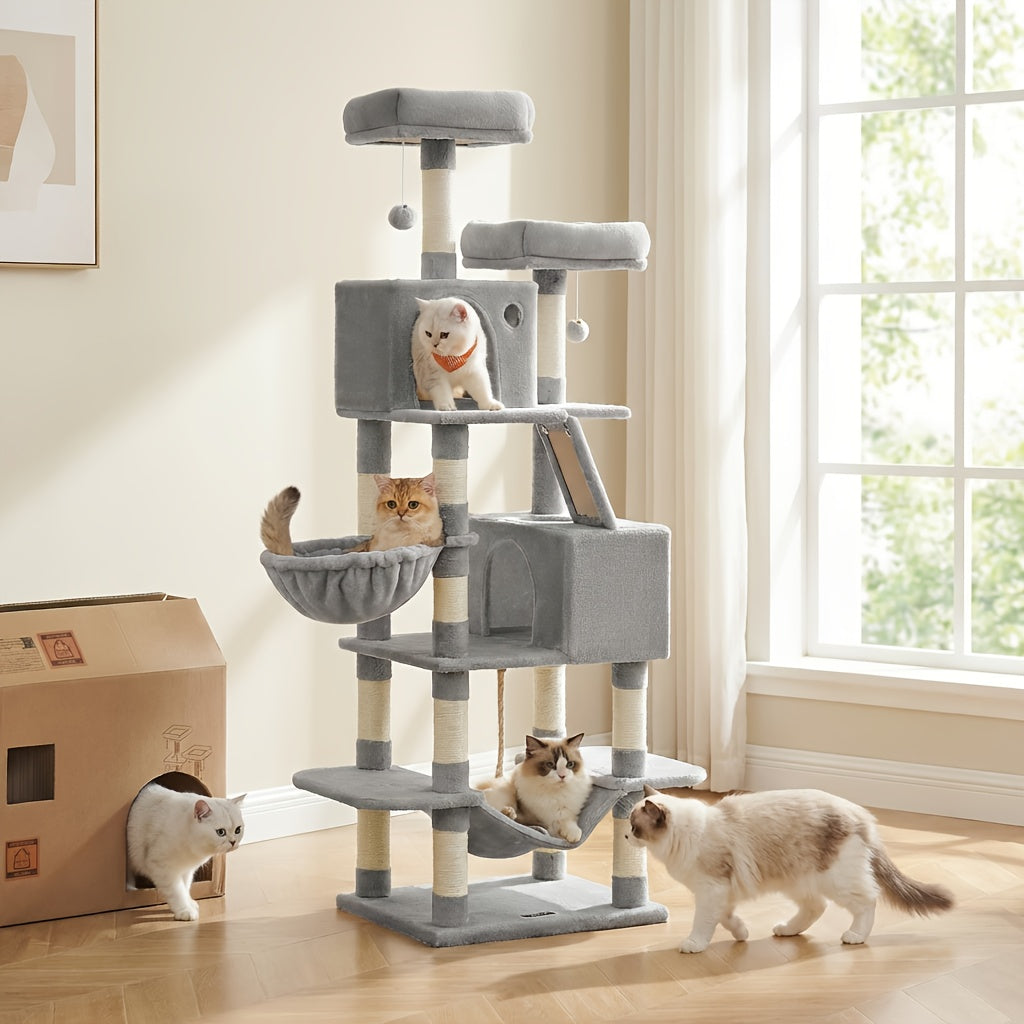 Multi-Level Cat Tree Tower 44-66 Inch with Hammock, Sisal Scratching Posts, Cozy Cave, Perches, and Anti-Tilt Stable Base for Multi-Cat Families, Kittens, and Cats
