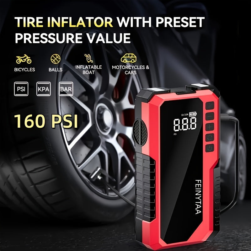 Jump Starter with Digital Tire Inflator, 5000A/10000A Peak, Multi-Function Car Jump Box with Smart Battery Clamps, LED Flashlight, and Power Bank, Emergency Kit for Car, RV, and Motorcycle