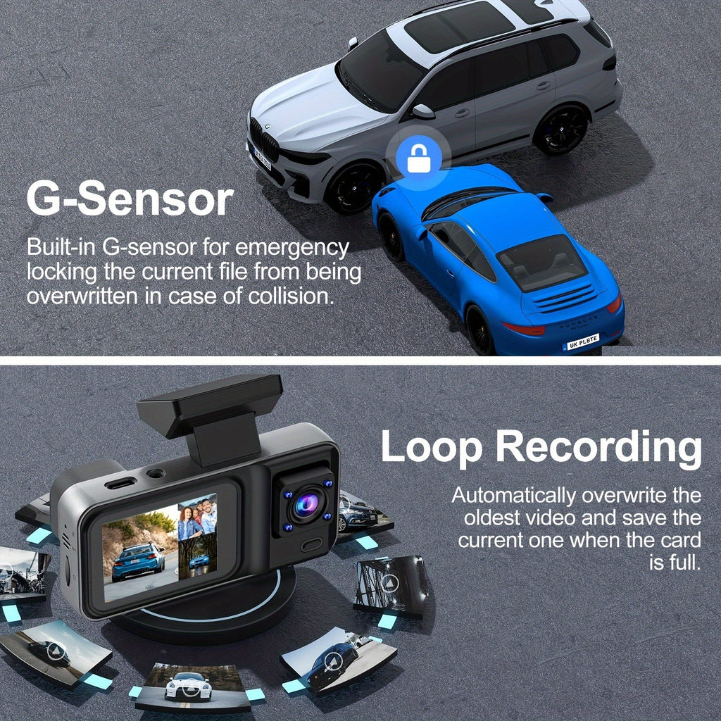 3-Channel Dash Cam Front, Rear & Inside 1080P+1080P+1440P – Free 64GB SD Card, Super Night Vision, Loop Recording, G-Sensor, Motion Detection & 24-Hour Parking Mode
