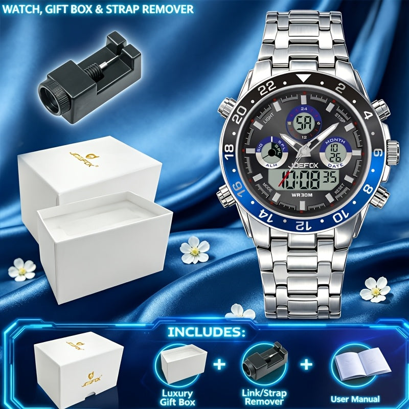 Men's Vintage Business Chronograph Watch with Steel Band – Dual Movement Waterproof Wristwatch with Band Adjustment Tool, Father's Day Birthday Gift for Men