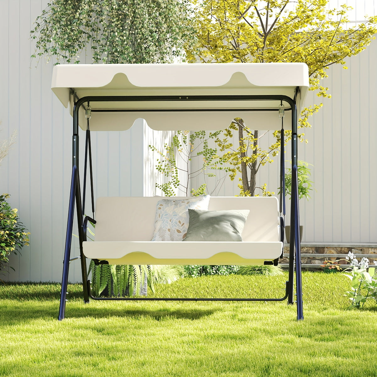 Outdoor Porch Swing Glider with Canopy & Adjustable Bracket, Heavy Duty Frame Patio Swing for Adults, Backyard Lawn Garden Furniture, Black Beige Coffee Brown Red Green Blue