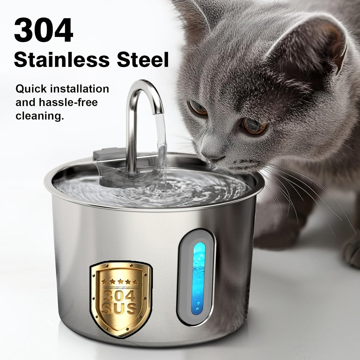 74oz Stainless Steel Cat Water Fountain - Ultra-Quiet USB Pump, Faucet Flow, 3-Stage Filter & Visual Water Level Window, Automatic Pet Water Fountain for Cats and Small Dogs Indoor