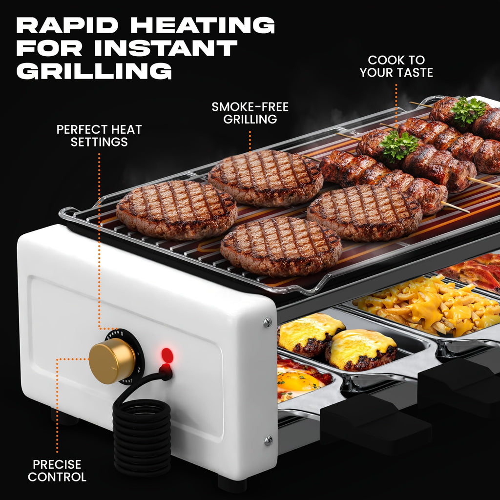 4-in-1 Electric Sausage Grill – Non-Stick Countertop with Adjustable Temperature Detachable Panel Silicone Oil Brush & Three-Tray Dish Easy to Clean for Kitchen & Dormitory Use in White