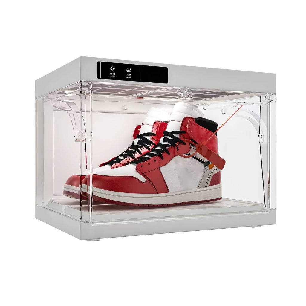 LED Shoe Storage Box Transparent Stackable with Auto-Open Lid, Intelligent Control Clear Plastic Sneaker Display Case for Sports Shoe Collection & Wardrobe Closet Organization, White 1 or 4 Pack