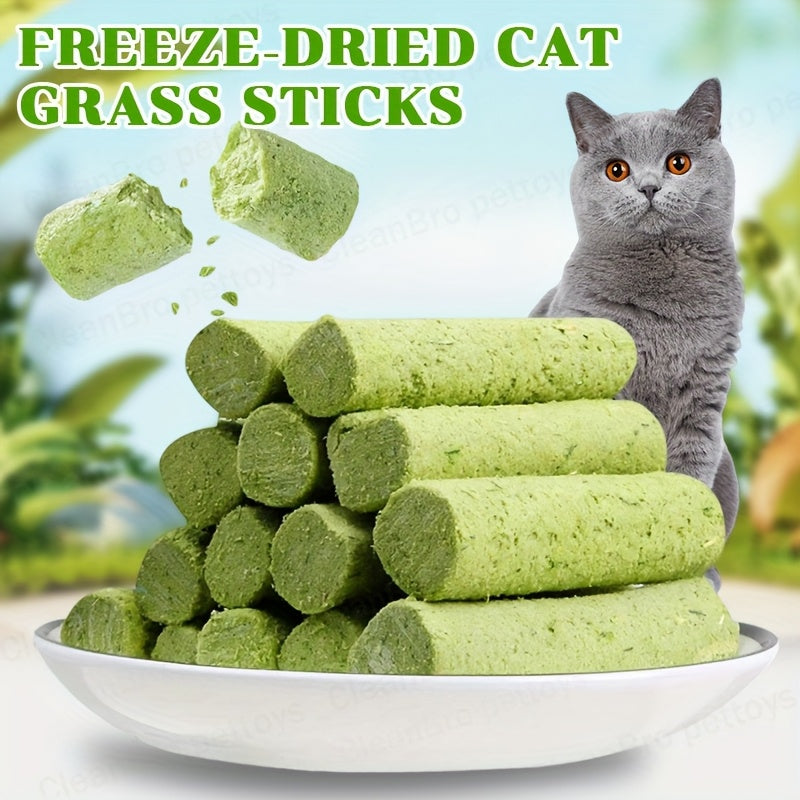 Cat Grass Freeze-Dried Grinding Sticks – Edible Chew Toy for Cat Teeth Cleaning & Hairball Removal, Natural Cat Grass Snack Treats 15 or 30 Pcs