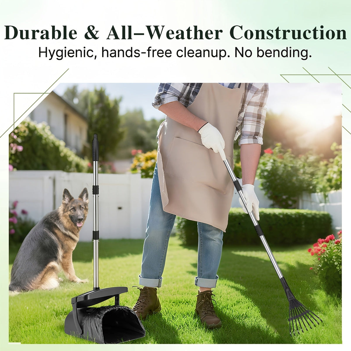 Heavy Duty Dog Pooper Scooper Set with Swivel Bin, Rake & Spade – Long Handle Pet Waste Removal Tool for Grass, Dirt & Gravel, Includes 40 Waste Bags, Great for Large Dogs