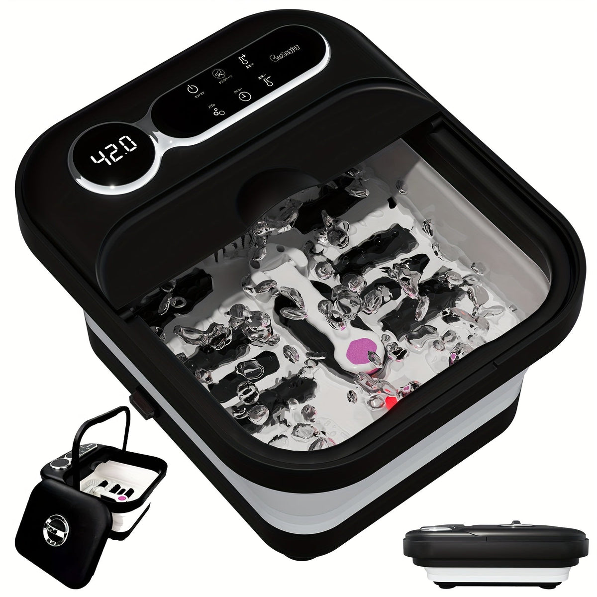 Collapsible Foot Spa & Massager - Heater, Temperature Control, Bubbles, 6 Massage Rollers, Vibration & Red Light - Black & Blue (Auto Massage)