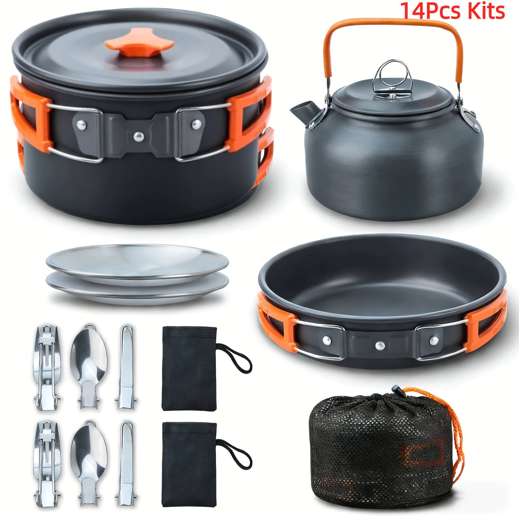 Camping Cookware Mess Kit 8/9/14/15 Piece, Portable Non-Stick Aluminum Alloy Camp Cook Set with Kettle, Pot, Frying Pan, Plates, and Utensils, Lightweight Backpacking Outdoor Cooking Gear for Hiking & Travel