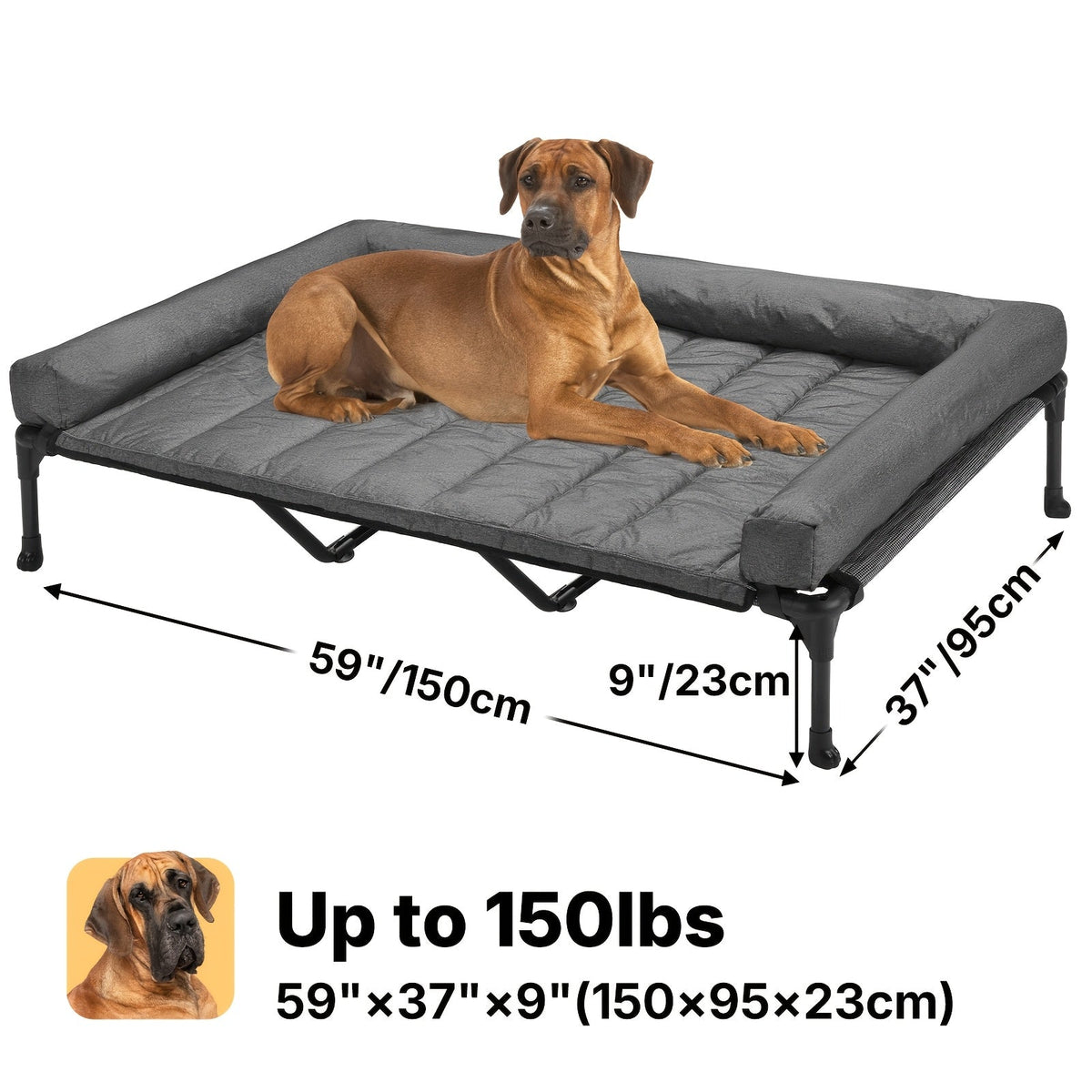 Cooling Elevated Dog Bed with Removable Pillow-Top Mat – Raised Bolster Dog Cot with Breathable Mesh and Non-Slip Feet, Dog Sofa Bed for Indoor & Outdoor Use