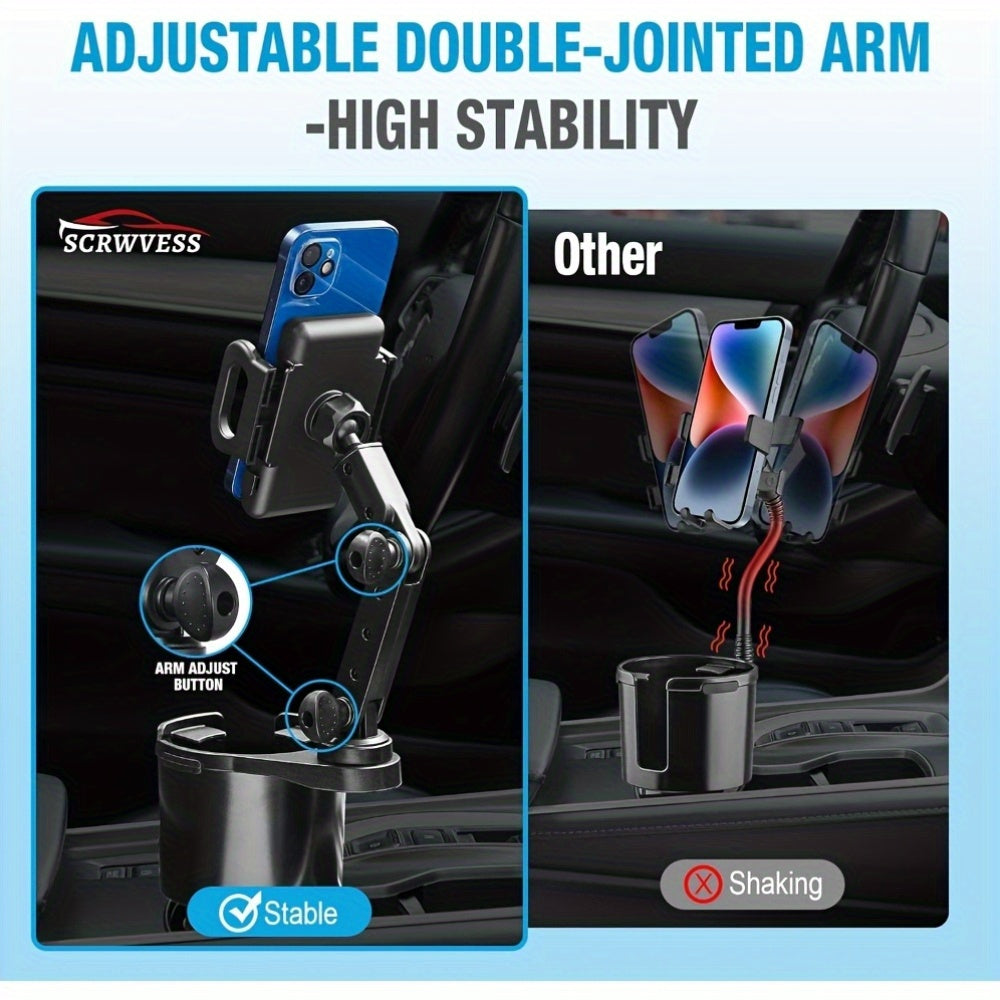 Car Phone Cup Holder Mount 2-in-1, 360° Swivel Rotation, Universal Fit for Cars, SUVs, and Trucks with Shock-Absorbing Trim - Black Extender