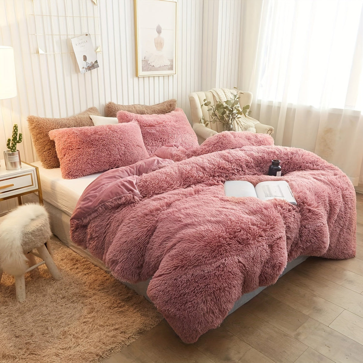 Plush Duvet Cover Set 3 Piece, Long Hair Knitted Polyester, Solid Color Fuzzy Comforter Cover with Zipper Closure, All-Season Soft Cozy Bedding Set for Bedroom, Multiple Colors Available