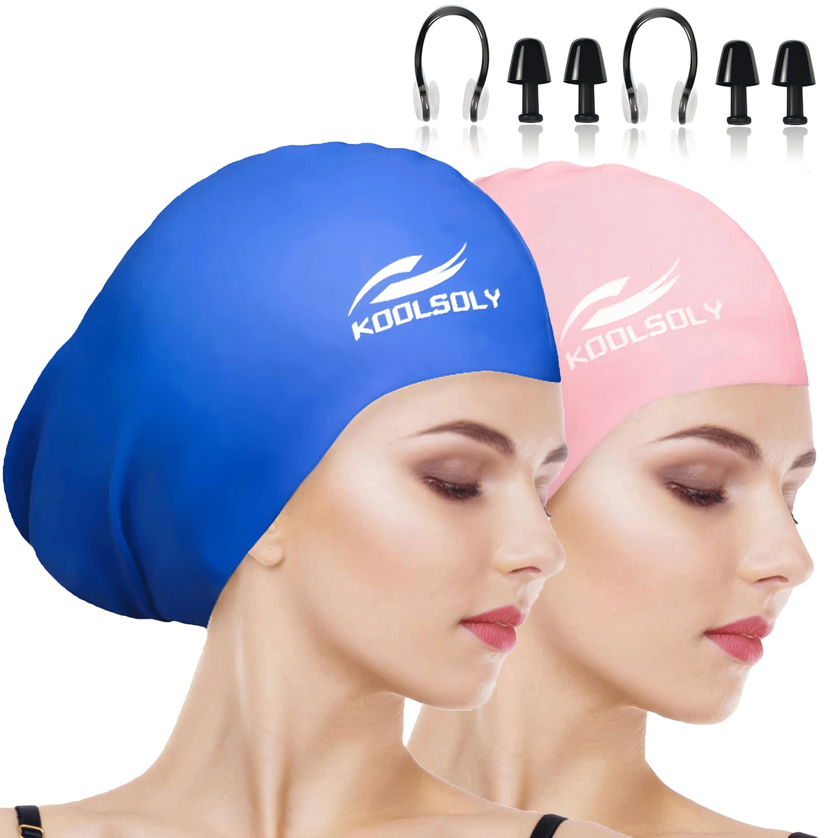 Silicone Swimming Cap 2-Pack with Ear Protection for Long Hair – Includes Earplugs & Nose Clip, Waterproof Swim Cap Set, 11 Color Options for Women, Men, and Adults