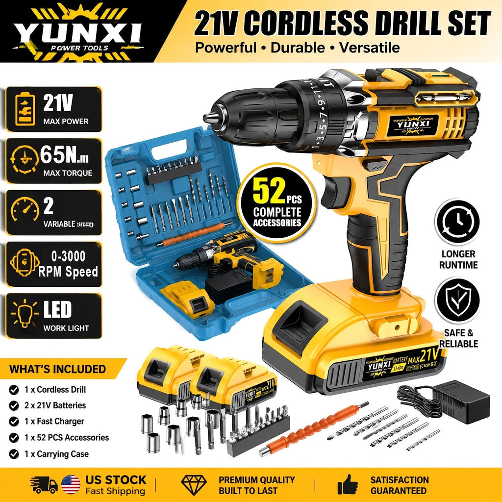 21V Cordless Impact Drill Set, 2.0Ah Battery & Fast Charger with Work Light, Variable Speed & Torque Adjustment, Electric Screwdriver Combo – Optional Storage Box for Car & Home Repair, DIY Men's Gift