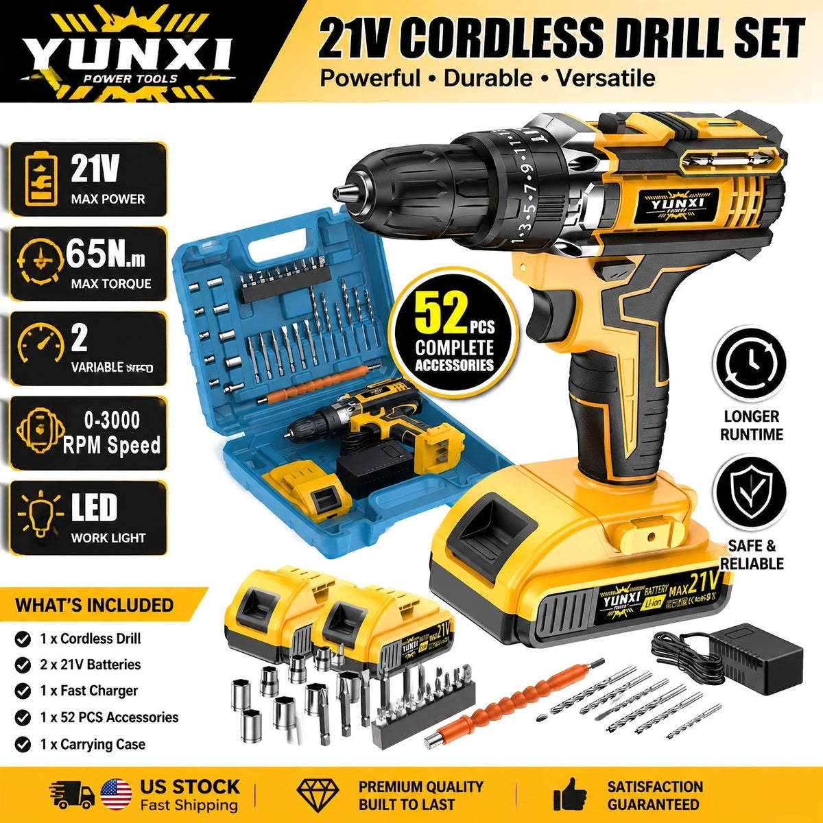 21V Cordless Impact Drill Set, 2.0Ah Battery & Fast Charger with Work Light, Variable Speed & Torque Adjustment, Electric Screwdriver Combo – Optional Storage Box for Car & Home Repair, DIY Men's Gift