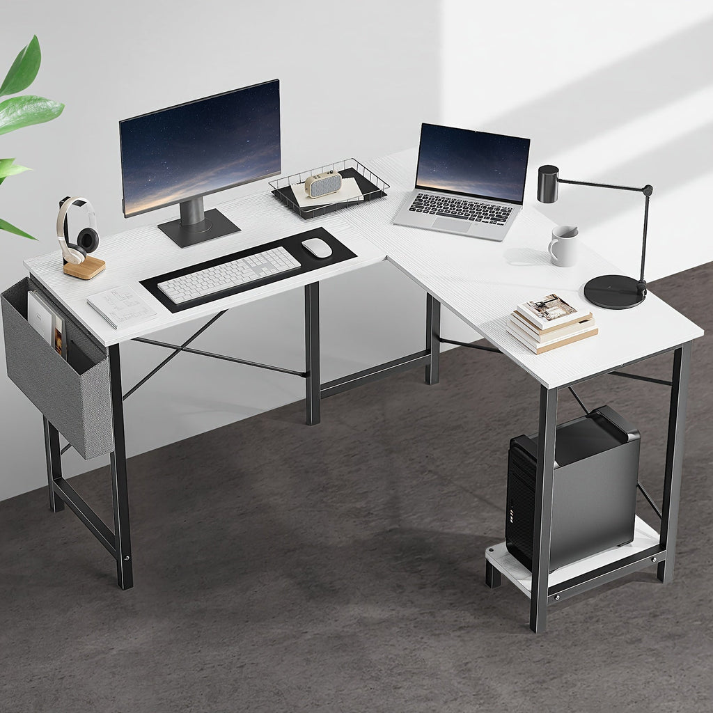 L-Shaped Computer Desk with Storage Bag & Shelves – Reversible Corner Office Table, PC Laptop Workstation for Home Office, Study Room, Space-Saving Writing Desk