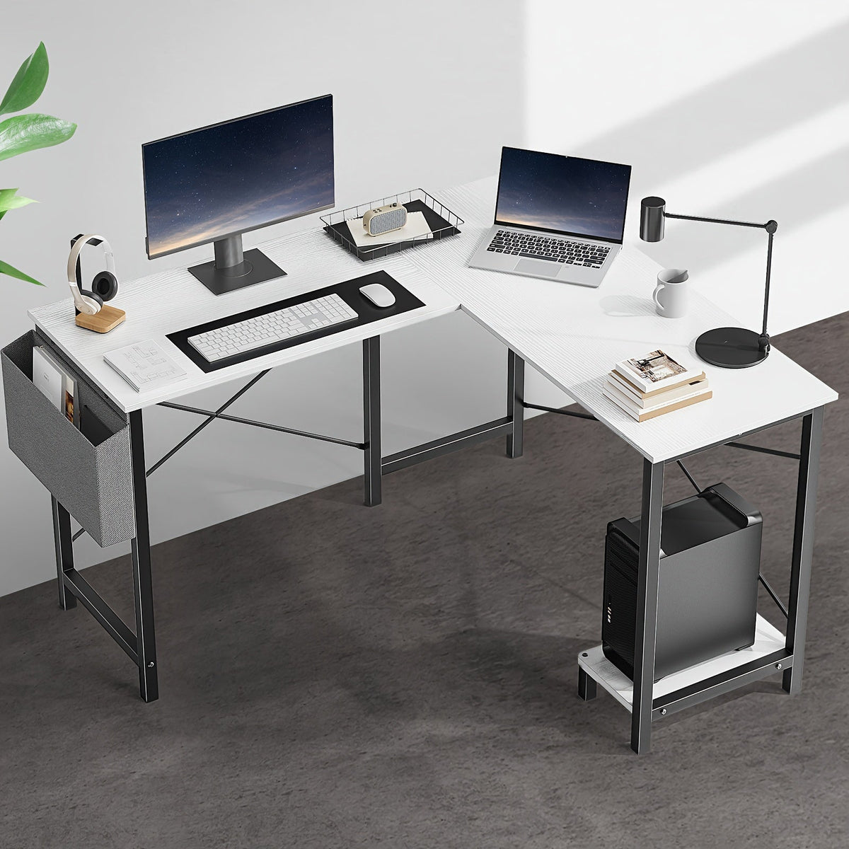 L-Shaped Computer Desk with Storage Bag & Shelves – Reversible Corner Office Table, PC Laptop Workstation for Home Office, Study Room, Space-Saving Writing Desk