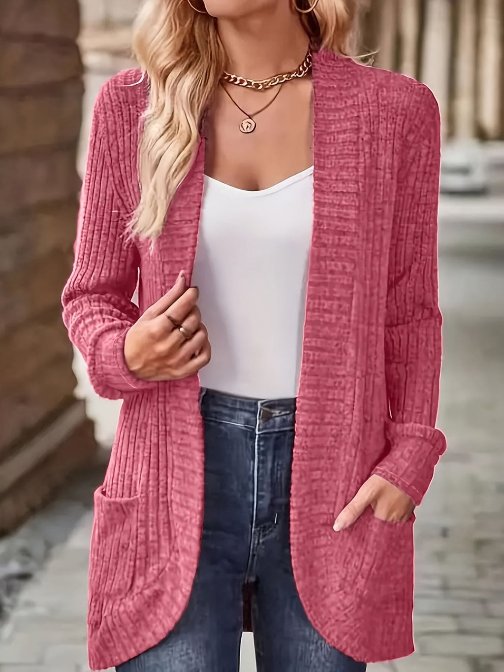 Women's Open Front Cardigan Jacket with Pockets, Long Sleeve Solid Color Casual Knit Coat, Light Grey/Black, S M L XL, Lightweight Layering Outerwear