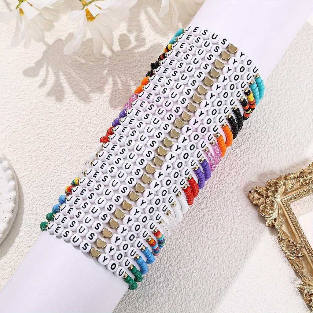 24pc Christian Friendship Bracelet Set – Handmade Clay Bead "Jesus Loves You" Bracelets, Bulk Religious Jewelry for Christmas, Easter, Church Events & Faith-Based Gifts