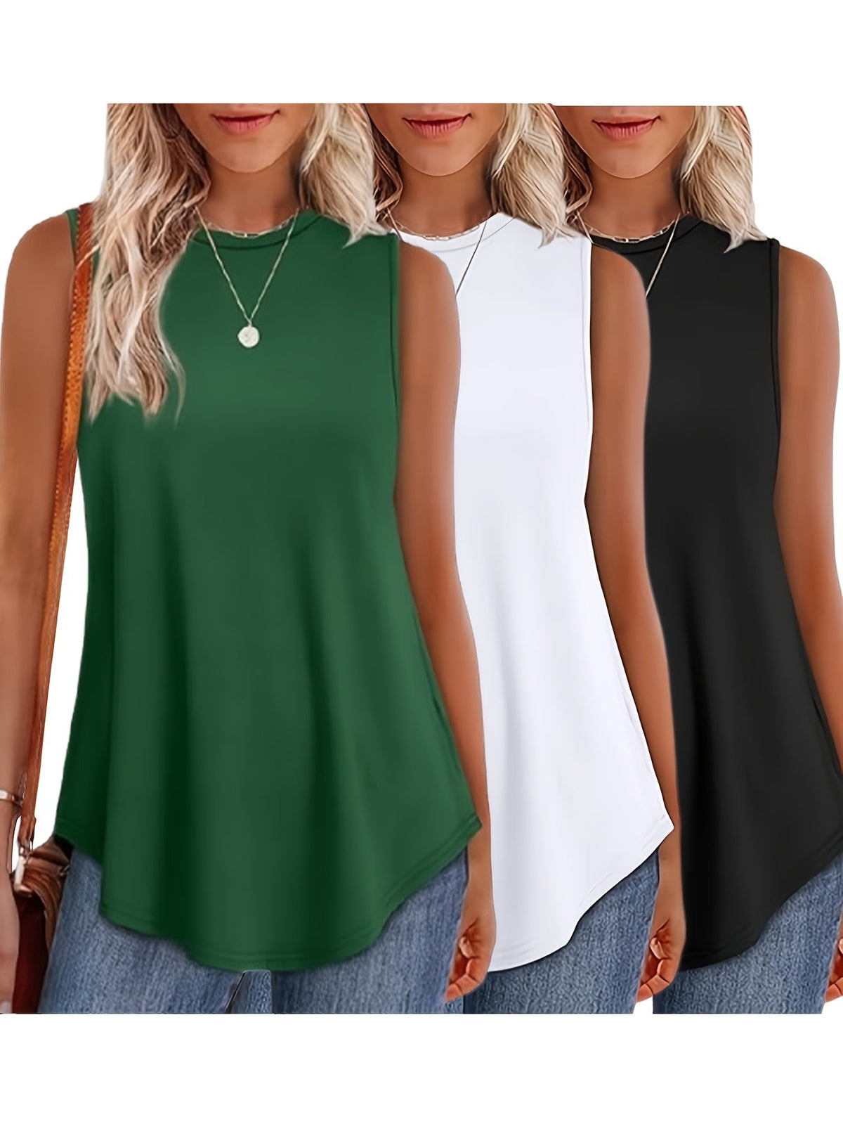 Women's 3-Pack Solid Color Sleeveless Round Neck Loose Flowy Casual Basic Tank Tops, Multicolor Bundle Set for Summer, Spring, and Fall